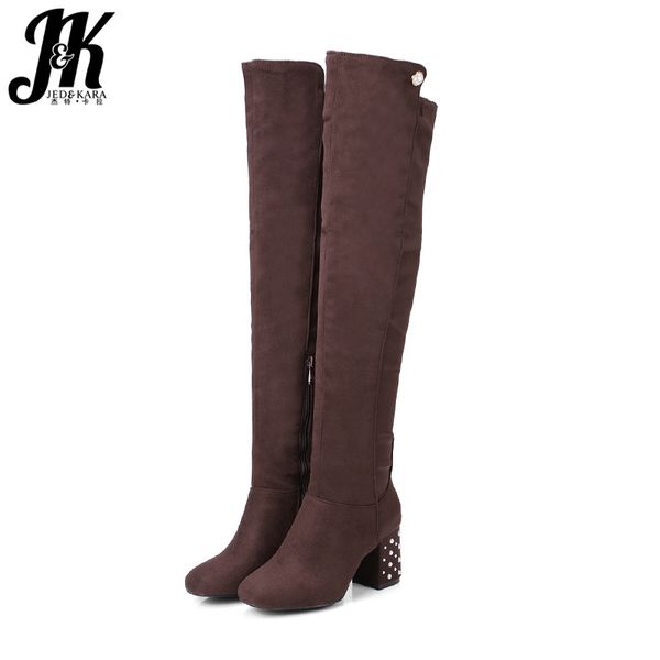 

jk high heesl women boots square toe pearl footwear zip female boot over the knee shoes woman 2020 winter new plus size 33-47, Black