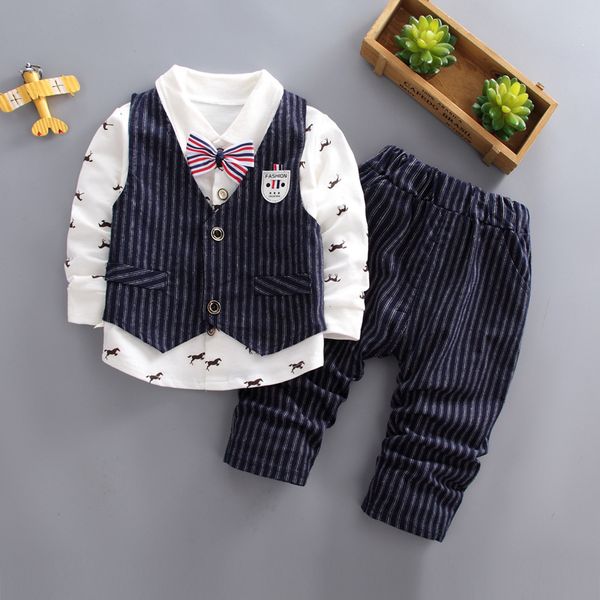 

3pcs kids fashion boys clothing gentlemen party suit cotton set striped vest print long sleeve shirts pants for 1-5 years, White