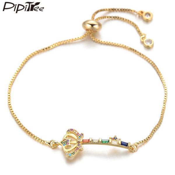 

pipitree delicate princess cut cubic zirconia crown key bracelet for women bridal wedding bracelets adjustable jewelry gift, Golden;silver