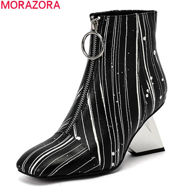 

boots morazora 2021 genuine leather fashion square toe high heels ladies shoes autumn winter black white color ankle