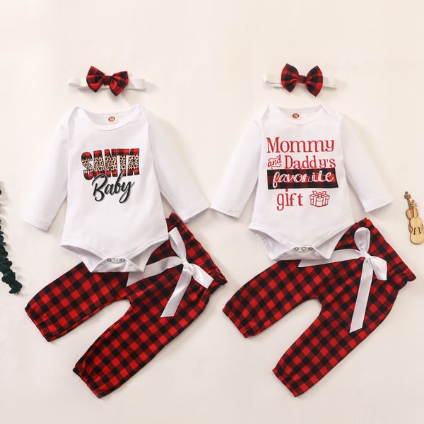 

baby wear clothing set long sleeve romper grid pants headband 3 pcs fashion infants girl christmas santa baby outfits clothes, White