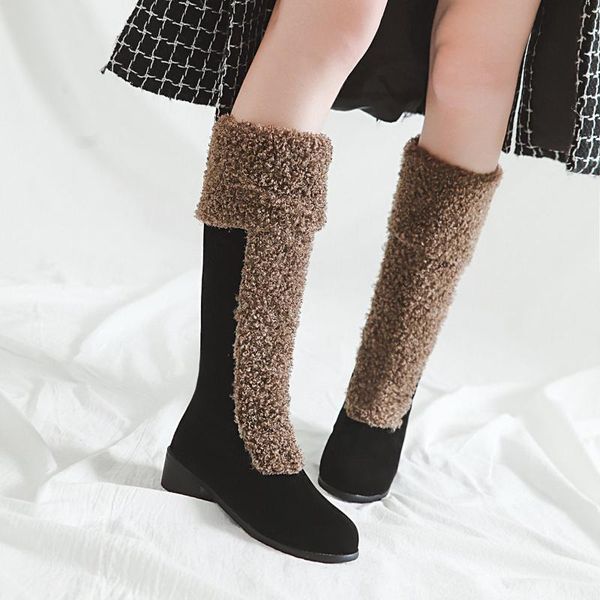 

boots casual knee-high fashion flock women round toe zip sewing long solid med square heel concise classics winter shoes, Black