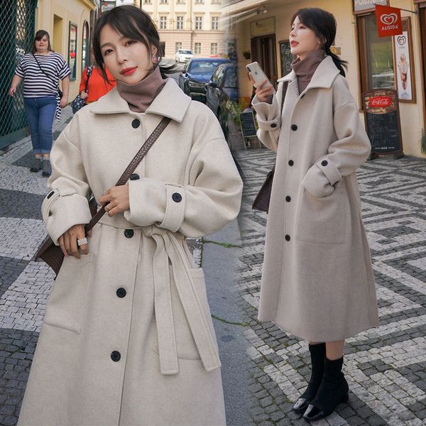 

autumn winter woolen coat women korean elegant long overcoat vintage solid color bandage jacket oversize office warm women coats, Black