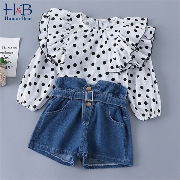 

humor bear girs sets 2020 spring autumn new girls fashion polka dot shirt + jeans children's suit clothing, White
