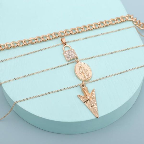 

new 4pcs/set cuban link chain choker necklace punk layered crystal lock long pendant necklace for women collar jewlery, Silver