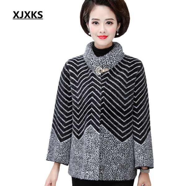 

women's wool & blends xjxks winter thick warm comfortable women woolen coat 2021 loose plus size fashion striped mink cashmere, Black