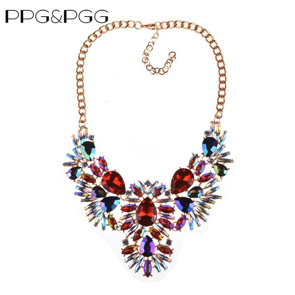 

ppg&pgg colorful crystal statement necklace multi color rhinestone necklaces women wedding jewelry wholesale, Golden;silver