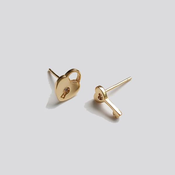 

stud tiny sterling silver heart shaped key lock earrings minimalistic handmade jewelry mother day gift fine 925, Golden;silver