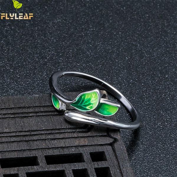 

cluster rings flyleaf 100% 925 sterling silver enamel green leaf sprout open for women chinese ethnic style handmade jewelry, Golden;silver