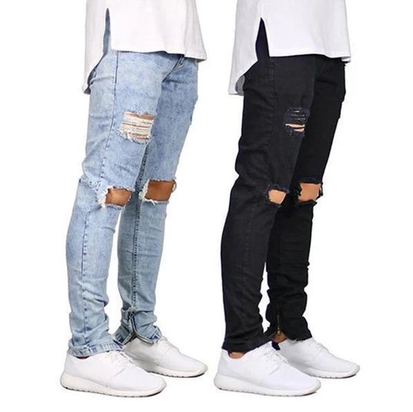 

men's jeans black men fashions ripped hole skinny denim pencil pants slim fit mid waist stretch distressed streetwear, Blue