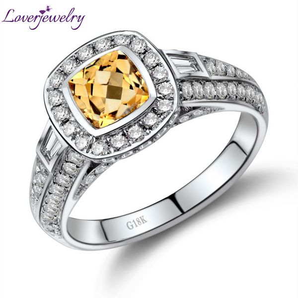 

loverjewelry women ring solid 18k white gold diamond yellow citrine ring bezel setting citrine 750 white gold anillos mujer, Golden;silver