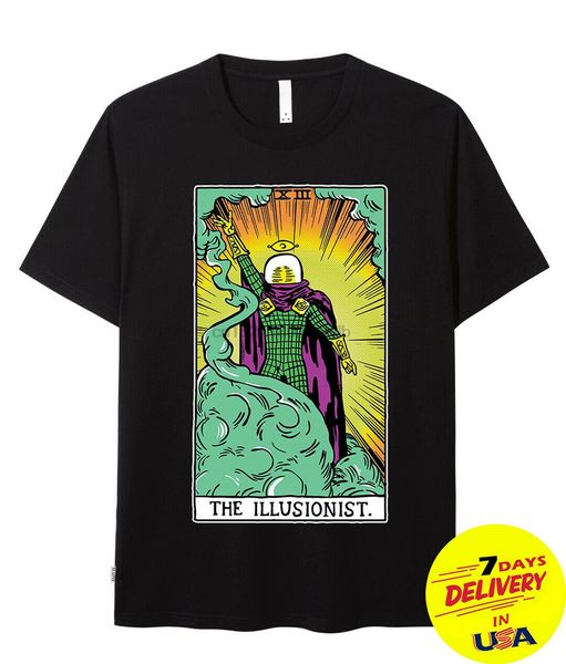 

spider-man far from home mysterio the illusionist tarot card style black t-shirt