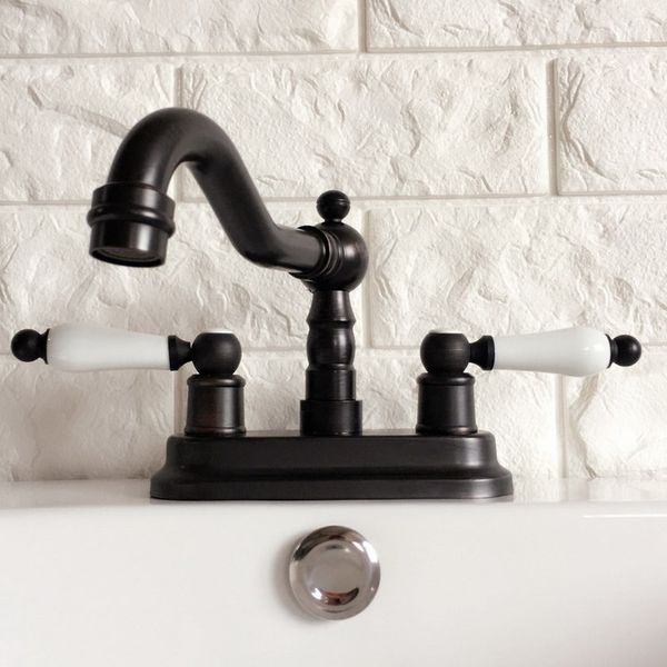 

black oil rubbed bronze 4" centerset bathroom sink faucet swivel basin mixer tap dual ceramic handles levers mhg074