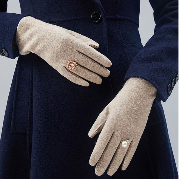 

five fingers gloves winter high-grade pearl gem wool warm touch screen female cashmere embroidery thickening driving h57, Blue;gray