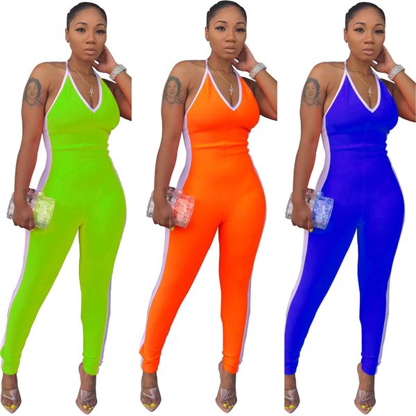 

color patchwork women jumpsuits fashion halter backless v neck skinny women rompers summer women designer clothes, Black;white