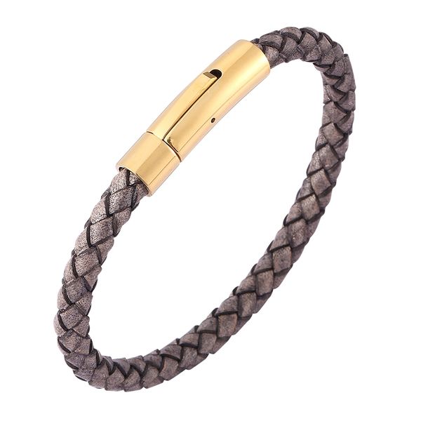 

men women antique grey braided leather bracelet stainless steel clasp fashion vintage jewelry wristband c0461, Golden;silver