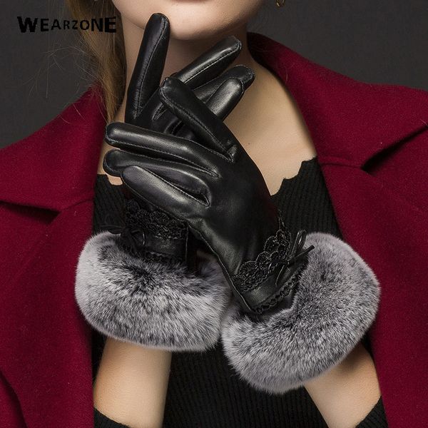 

five fingers gloves 2021 fur women fashion warm women' genuine leather winter thickening elegant mittens for, Blue;gray