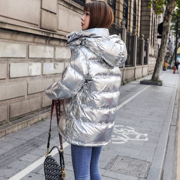 

shiny silver color thickening warm winter parkas women water wind proof cotton coat female jacket with hood, Black