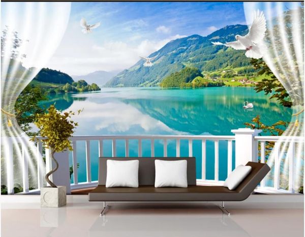 

3d p wallpaper custom mural window white dove mountain green water living room home decor 3d wall murals wallpaper for wall 3 d