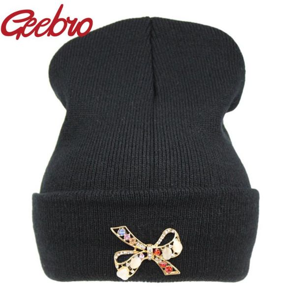 

geebro fashion diamond rhinestone bow beanies female bowknot winter warm ski knitted hat hip hop women cap gorros bone js226, Blue;gray