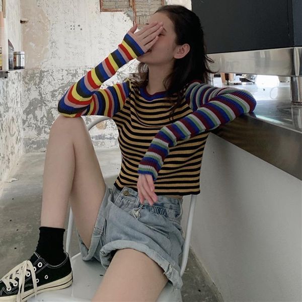 

women sweaters long sleeve causal female o-neck crop fashion stripe patchwork streetwear women casual sweaters, White;black