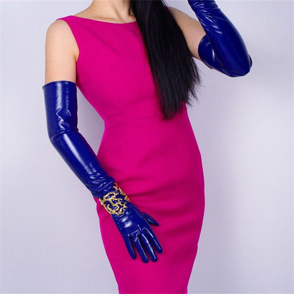 

five fingers gloves 60cm patent leather long pu emulation bright sticker mirror sapphire blue dark female pu02-60, Blue;gray
