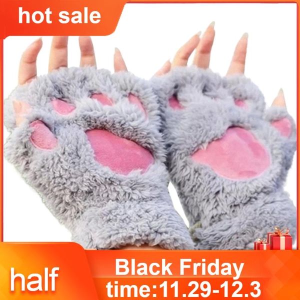 

five fingers gloves women cute cat claw plush mittens warm soft short fingerless fluffy bear costume half finger black beige 30, Blue;gray