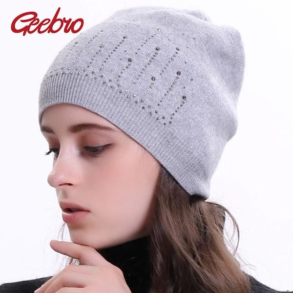 

geebro women's rhinestones beanie hat winter casual knitted cashmere slouchy beanies ladies balavaca skullies&beanies hat dq055, Blue;gray