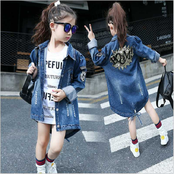 

ребенок верхняя одежда denim пальто весна осень джинсовая куртка для девочек мода печати длинная куртка вышивки детская одежда пальто, Blue;gray