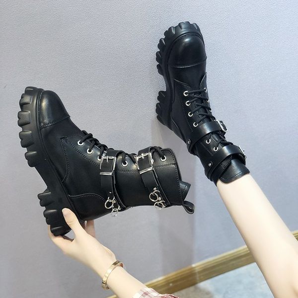 

women boots platform motorcycle boots round toe mid heels metal buckle female footwear designer women shoes 2020, Black