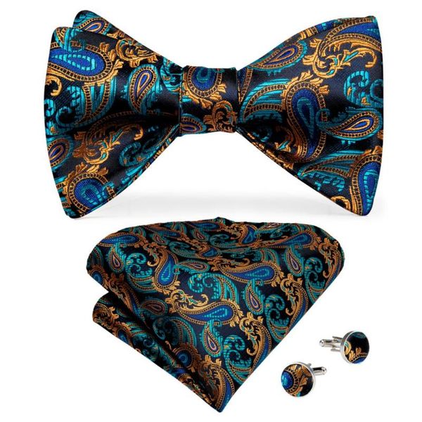 

bow ties teal blue gold paisley mens classic silk bowtie necktie for wedding party adjustable tie hanky cufflinks set dibangu lh-087, Black;gray