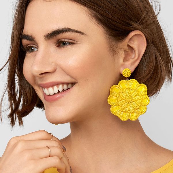 

trendy yellow flower beads dangle earring for women ethnic handmade flowers statement pendant earrings party wedding jewelry, Silver