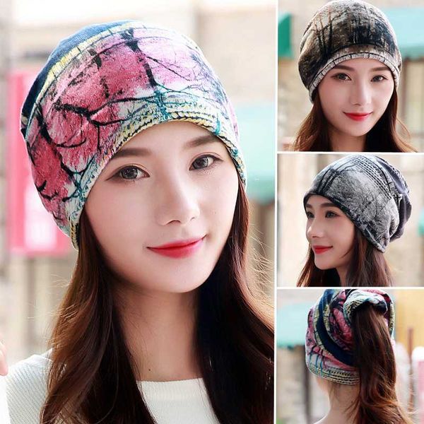 

longkeeper fashion women beanies hat polyester casual floral tree ladies spring autumn hats two used female scarf 3 colors, Blue;gray