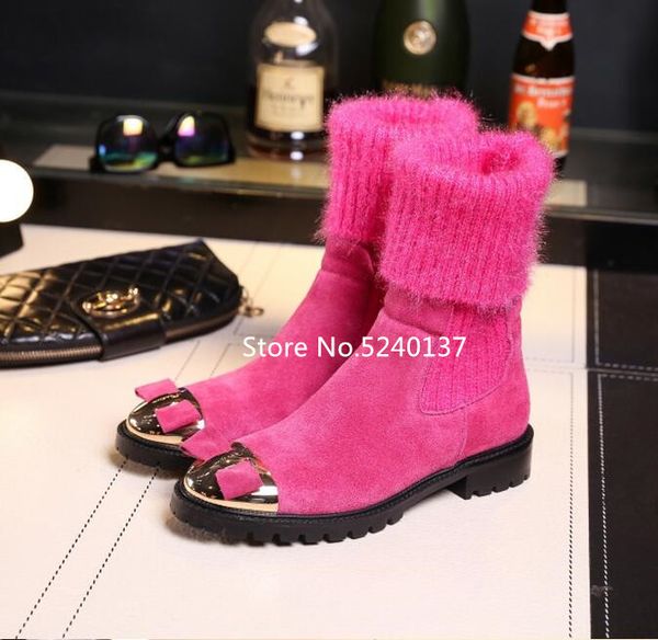 

butterfly-knot metal toe women mid-calf boots suede knitting patchwork slip-on multi-colors autumn/winter fashion boots woman, Black