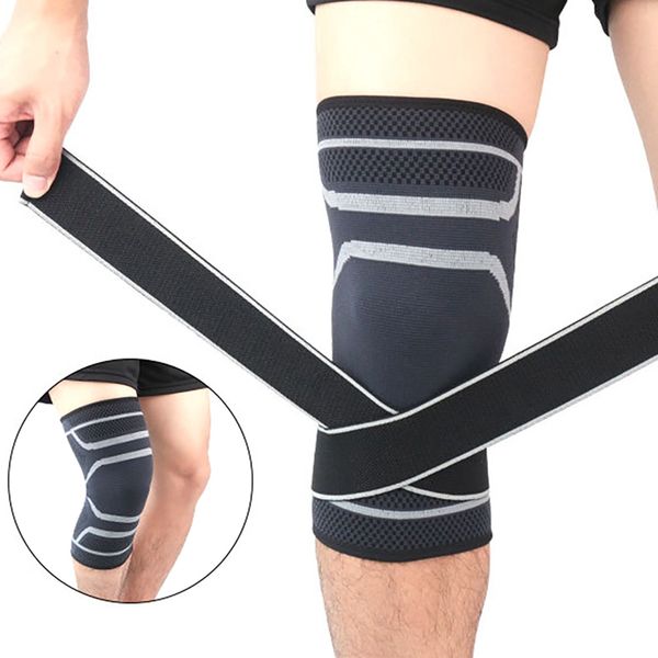 

elbow & knee pads 1pc pad sleeve with straps anti-slip compression knitted leg support protector basketball running cycling brace belt, Black;gray