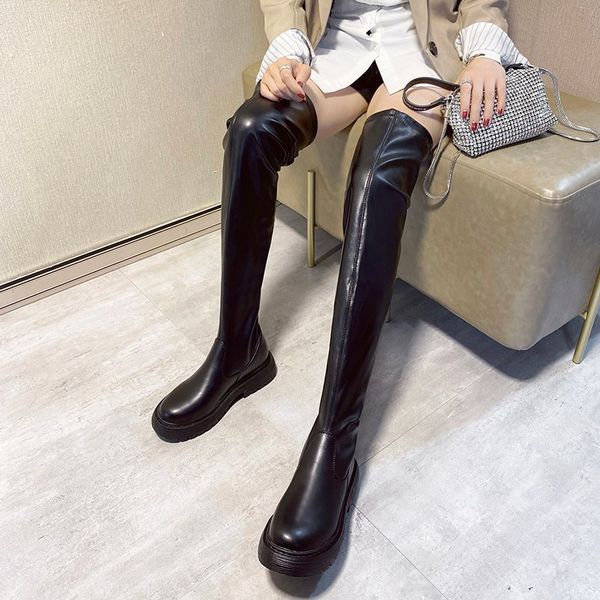 

boots women platform over the knee pu leather black slim thick sole long winter thigh high 2021