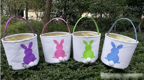 

2020 easter rabbit basket round canvas gift bag cartoon cute bunny tails bucket put easter jute rabbit diy pail buckets
