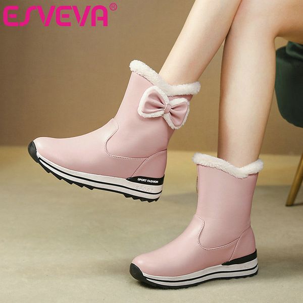 

esveva 2020 women shoes winter ankle boots flock pointed toe pu leather+down low heel motorcycle snow boots size 34-42, Black