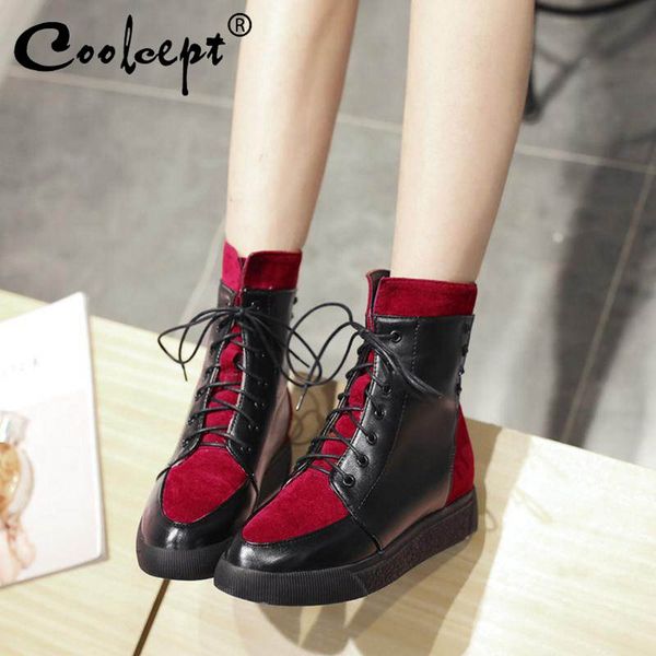 

coolcept size 33-45 5 color women flats boots lace up rivet fashion shoes half short botas warm long boot women footwear, Black