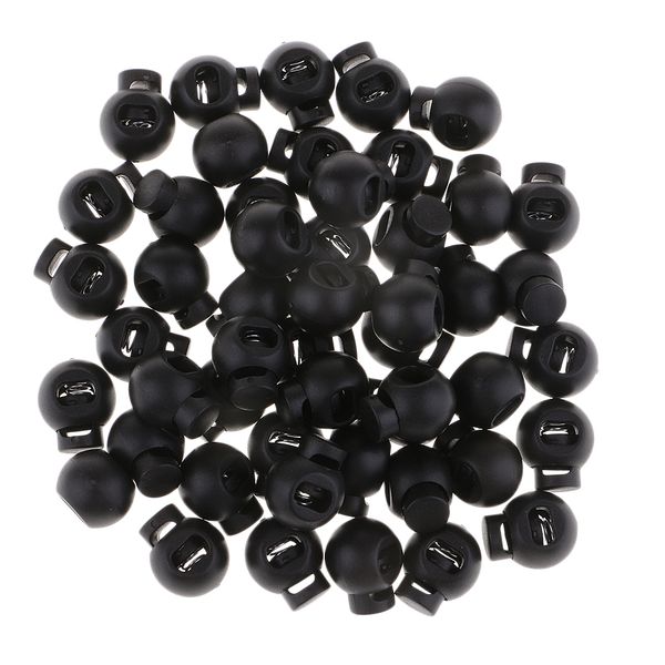 

50 pieces plastic round spring toggles sers cord locks end for draw string bags paracord cords, Black