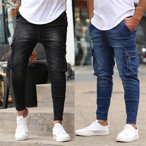 

multi pocket male designer new jeans mens zip trim stretch casual jeans stylish solid color, Blue