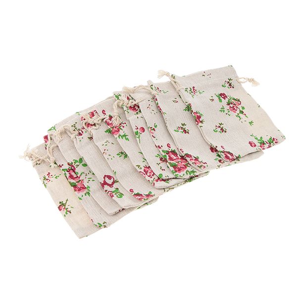 

pack of 10 cotton muslin bags with drawstring, flower printed, 4 x 5.5 inch