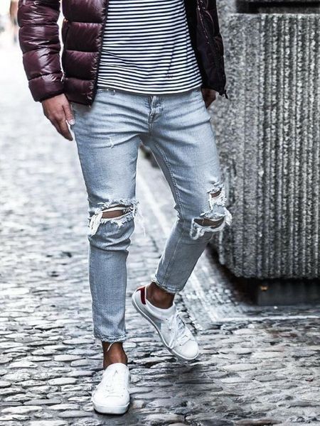 

washed zipper modern mens slim jeans male apparel designer mens jeans holes long mid waist regular, Blue