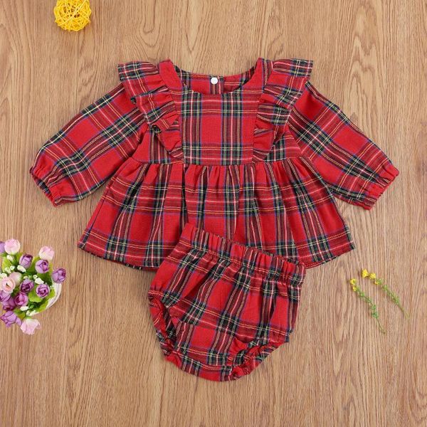 

2020 fashion christmas newborn girls boys clothing sets plaid print ruffle long sleeve dress + pants shorts 2pcs 0-24m, White