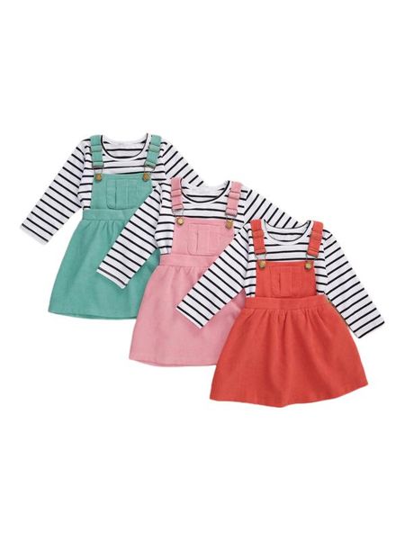 

clothing sets 1-5years kid girls 2-piece set spring fall fashion casual long sleeve striped + strap skirt suit, White