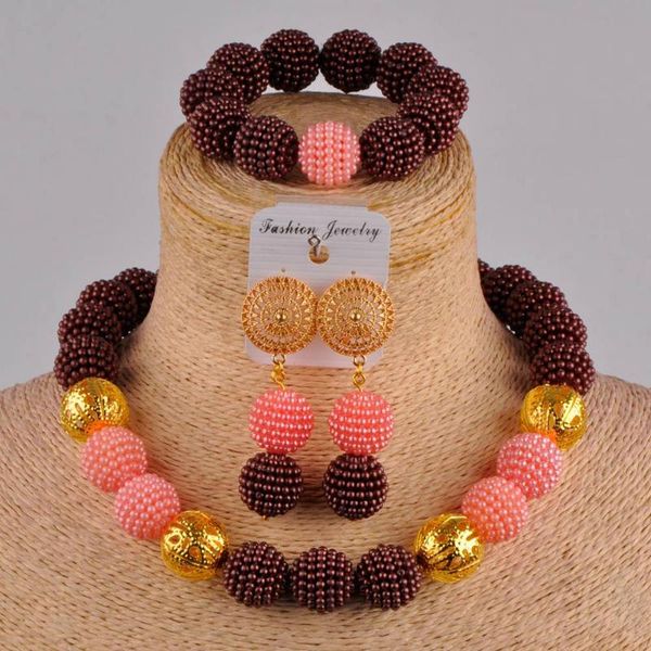 

brown and peach african wedding beads jewelry set simulated pearl costume necklace african set zz10, Silver