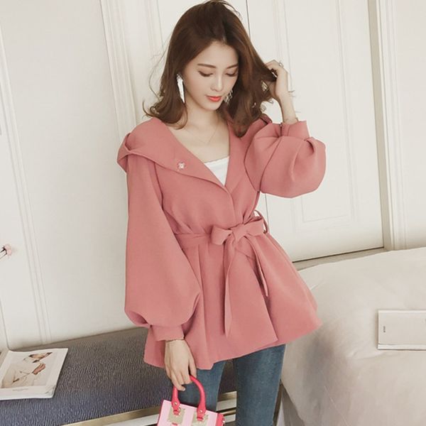 

women hooded windcoat sweet solid color o-neck jacket autumn warm outwear fashion bow tie loose coat, Tan;black