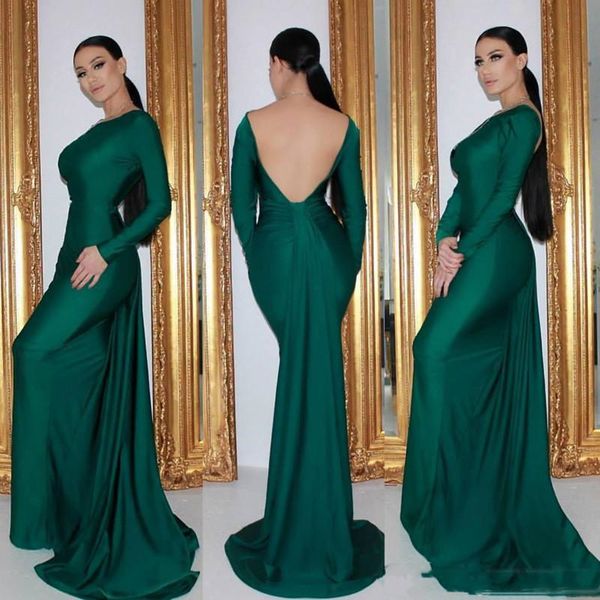 Sexy Backless Smaragd-Nixe-Abend-Kleider mit langen Ärmeln Günstige Einfache Satin-formales Ereignis Wear Abschlussball-Partei-Kleid-Schleife-Zug nach Maß