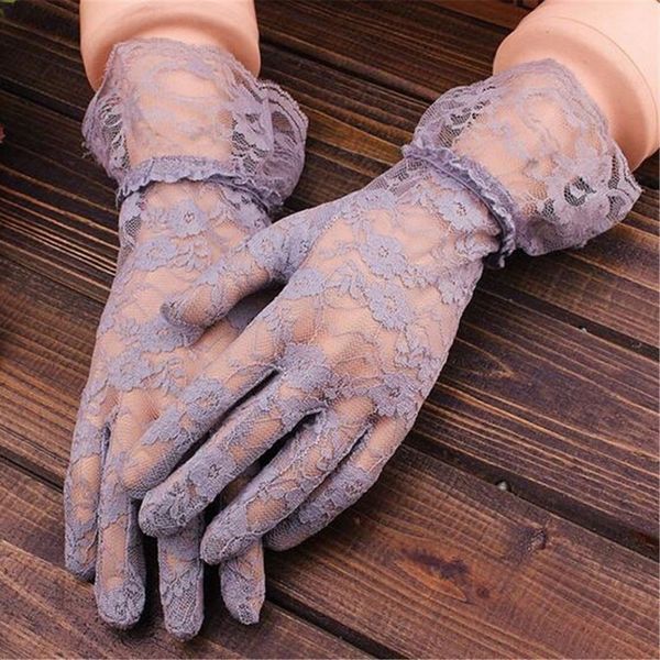 

summer lace hollow out gloves for women driving vintage elastic sun protection solid sunscreen finger wrist mittens accessories, Blue;gray