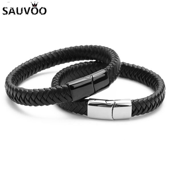 

sauvoo 12mm width black braided pu leather bracelets men women stainless steel magnetic clasp wrap bracelets bangle jewelry gift, Golden;silver